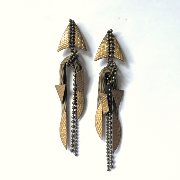 80's Mixed Metal Ball Chain Modern Brutalist Artisan Arrowhead Dangle Earrings - Picture 5 of 12